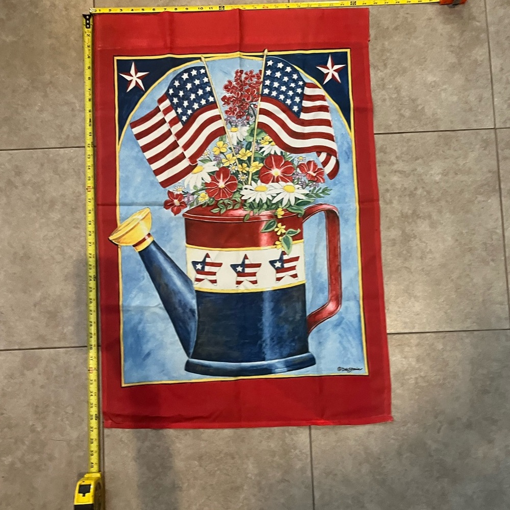 American Patriotic Flag Watering Can Flowers Garden Banner red white blue July 4